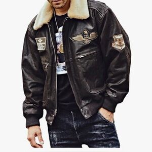 Men's Brown Leather  Bomber Jacket with Patches